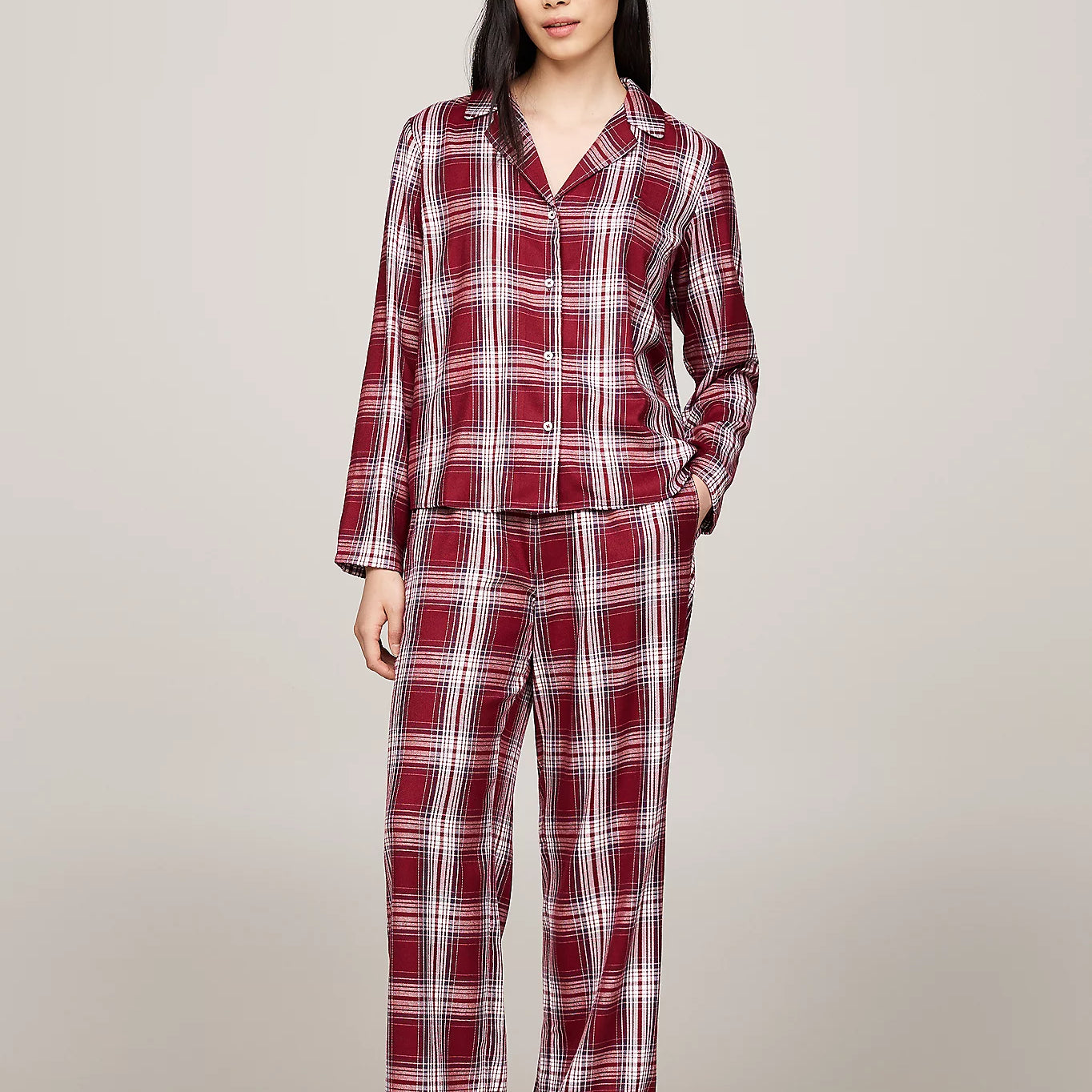 Tommy Hilfiger ORIGINAL Womens Pyjama Set Plaid Check Deep Rouge