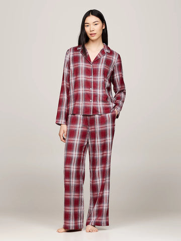 Tommy Hilfiger ORIGINAL Womens Pyjama Set Plaid Check Deep Rouge