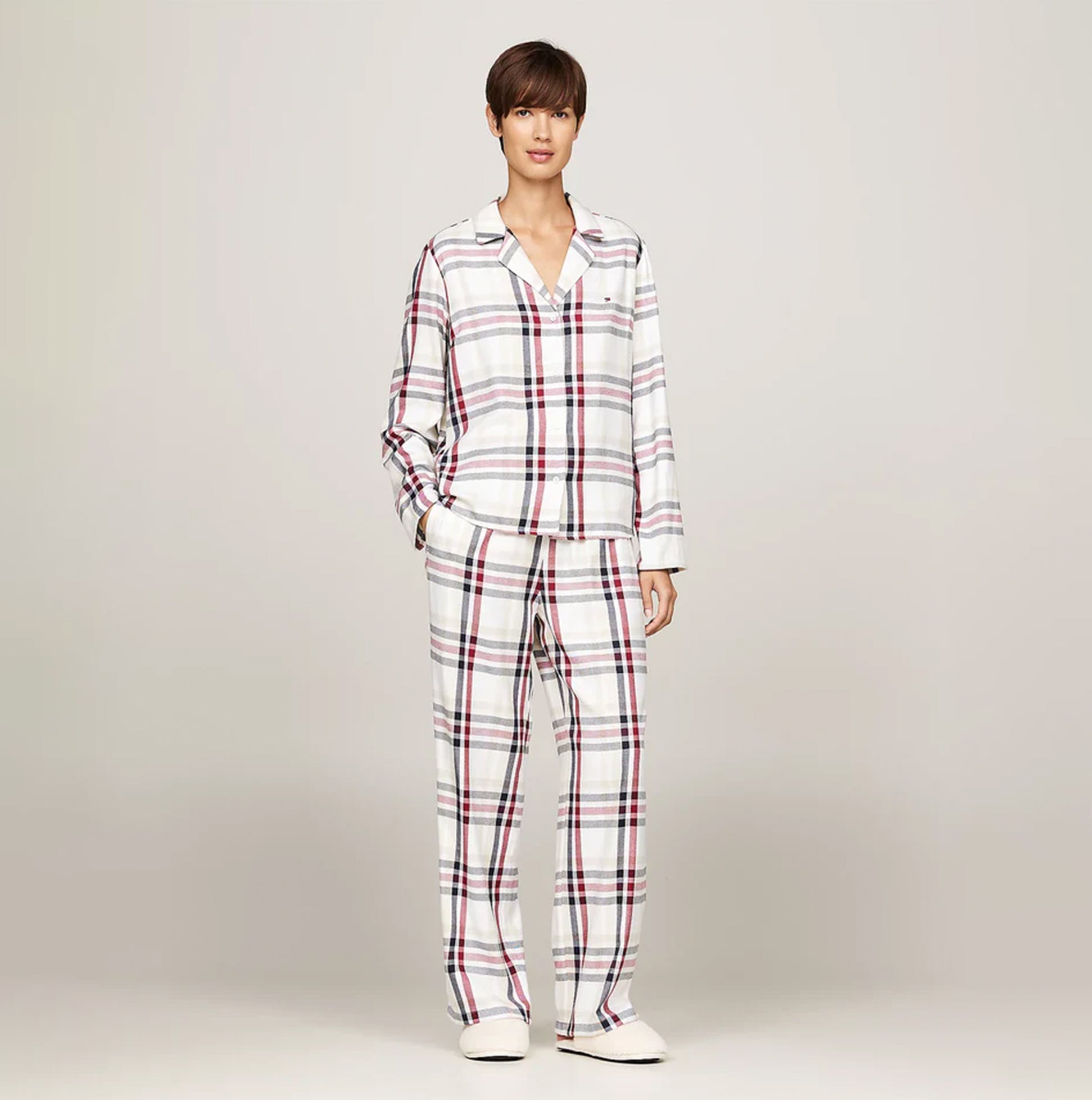 Tommy Hilfiger ORIGINAL Womens Pyjamas & Slippers Gift Set Heritage Check Ivory