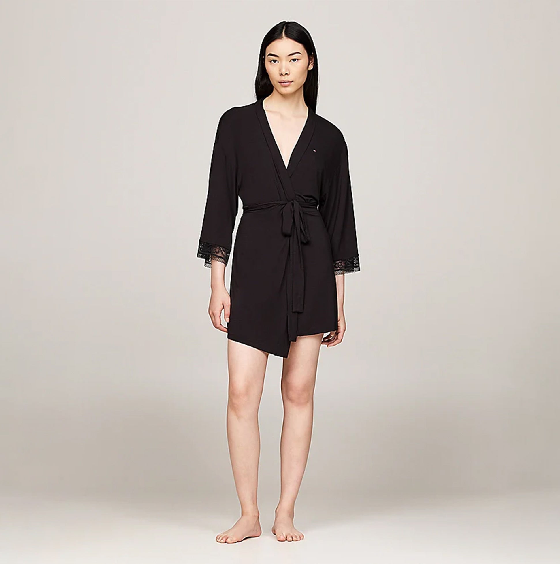 Tommy Hilfiger COMFORT Womens Modal Lace-Trim Kimono Robe Black