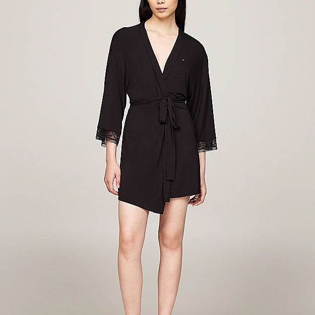 Tommy Hilfiger COMFORT Womens Modal Lace-Trim Kimono Robe Black