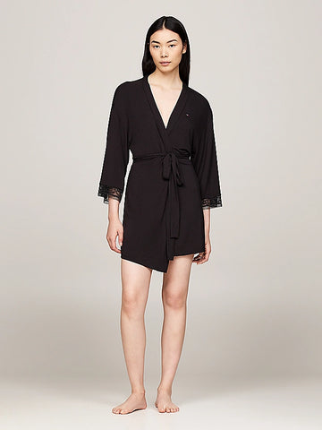Tommy Hilfiger COMFORT Womens Modal Lace-Trim Kimono Robe Black