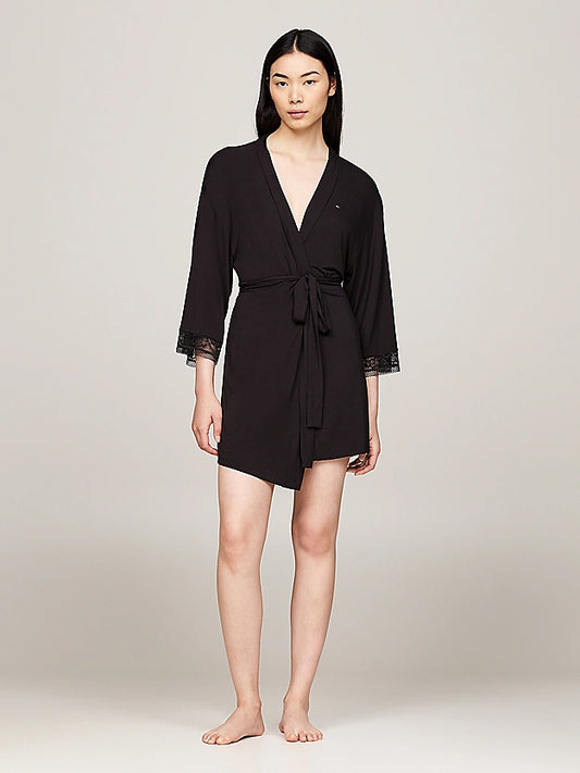 Tommy Hilfiger COMFORT Womens Modal Lace-Trim Kimono Robe Black