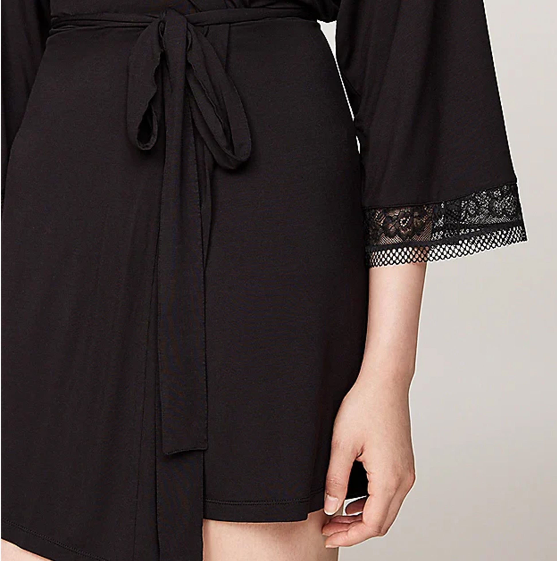 Tommy Hilfiger COMFORT Womens Modal Lace-Trim Kimono Robe Black