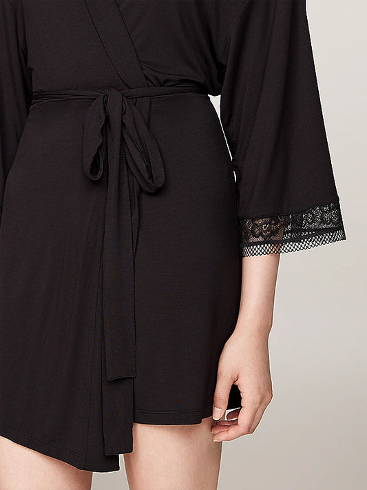 Tommy Hilfiger COMFORT Womens Modal Lace-Trim Kimono Robe Black