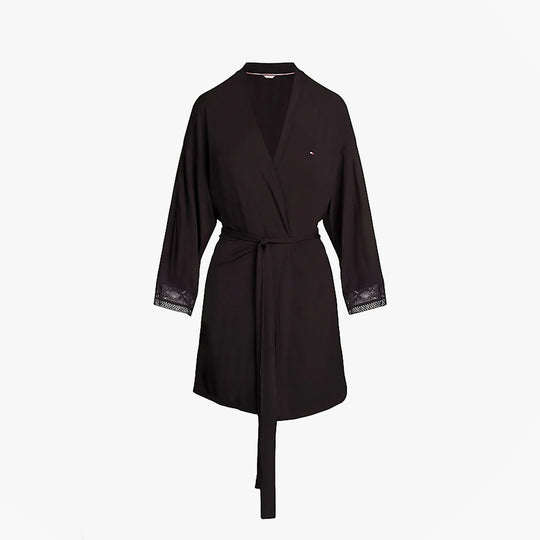 Tommy Hilfiger COMFORT Womens Modal Lace-Trim Kimono Robe Black front view with long sleeves and lace trim details.
