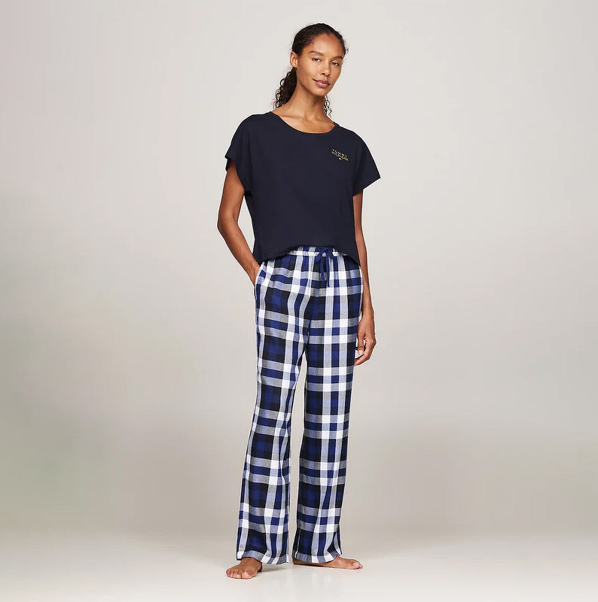 Tommy Hilfiger ORIGINAL Womens Flannel Pants Heritage Check Midi Blue Ink