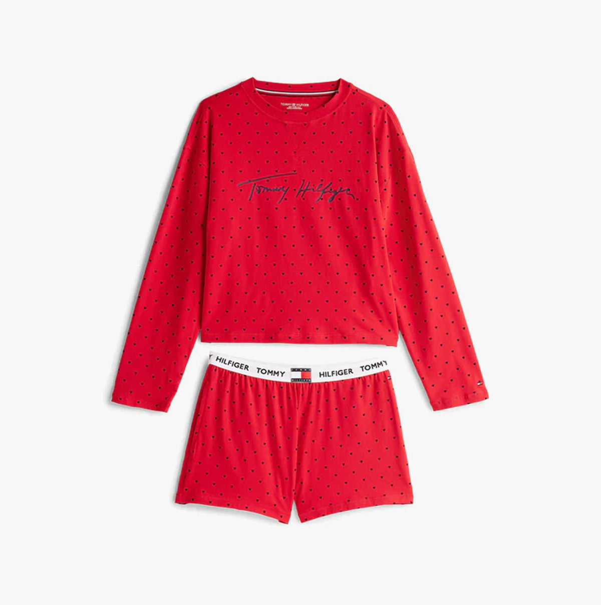 Tommy Hilfiger HERITAGE Womens Pyjama Set Hearts Primary Red Aop front view with round neck and TH logo elasticated waistband.