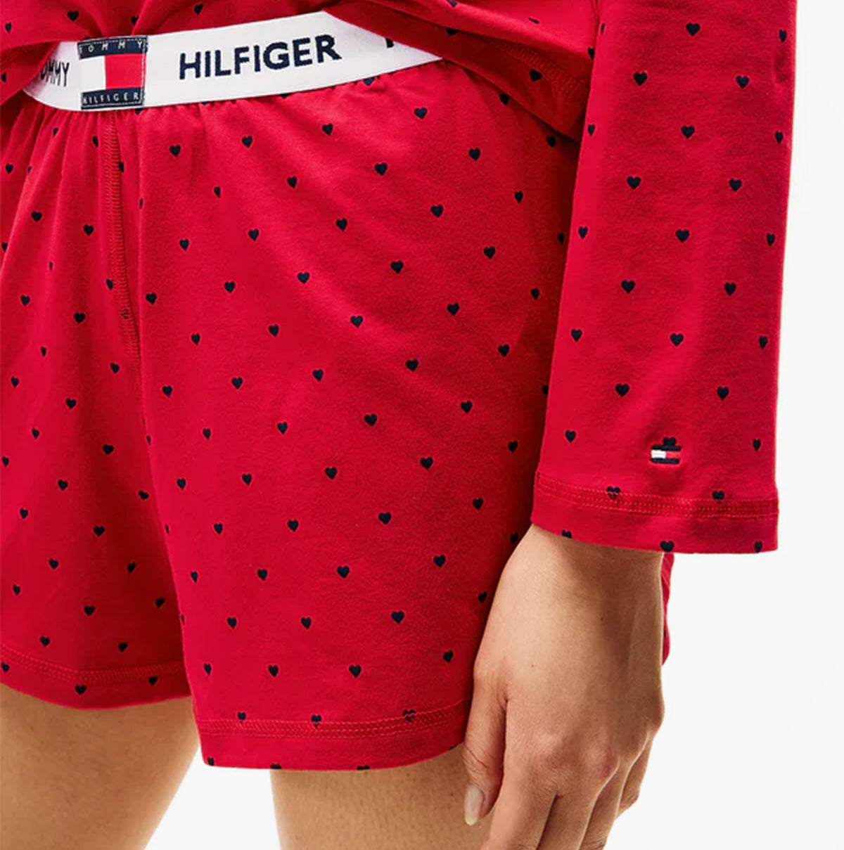 Tommy Hilfiger HERITAGE Womens Pyjama Set Hearts Primary Red Aop detail view showcasing the heart pattern and TH logo waistband.