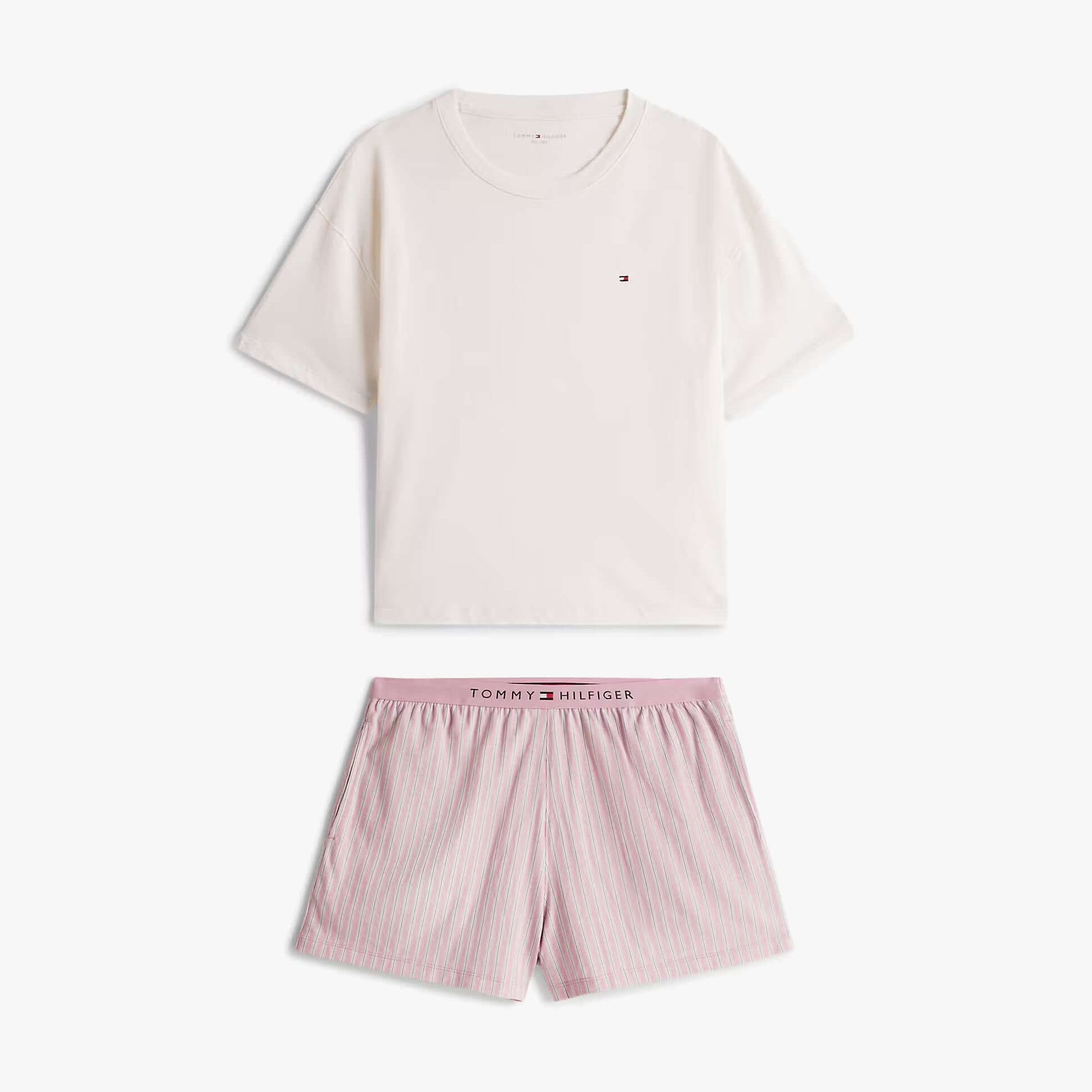 Tommy Hilfiger PJ SHORT SET Womens Pajamas Multicoloured, front view of a short-sleeve top and striped shorts.