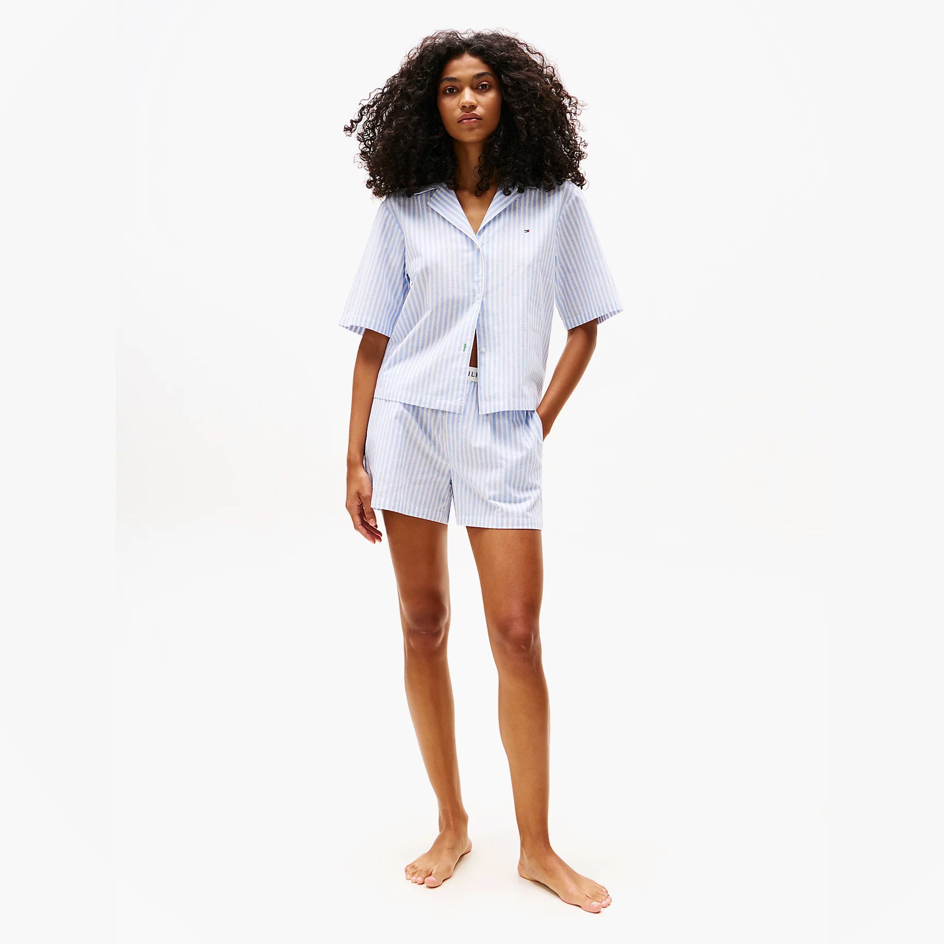 Tommy Hilfiger LINEN Relaxed Pyjama Set Womens Multi Stripes Blue Spell