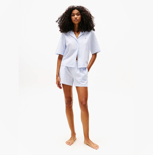 Tommy Hilfiger LINEN Relaxed Pyjama Set Womens Multi Stripes Blue Spell