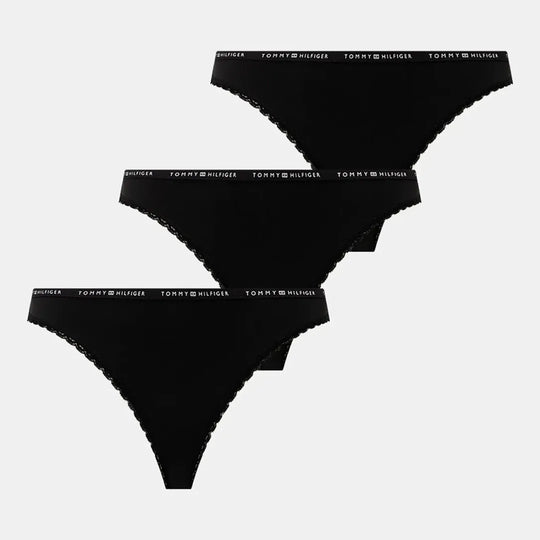 Tommy Hilfiger LACE 3 Pack Womens Thongs Black front view showing three black thongs with signature waistband.