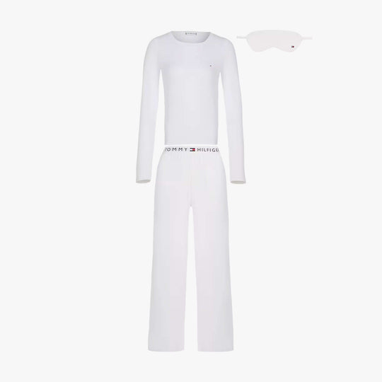 Tommy Hilfiger GIFT LS TEE PANTS SE Womens Pyjama Set Ecru front view with eye mask.