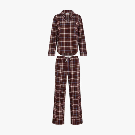 Tommy Hilfiger LS FLNL SHIRT PJ PAN Womens Set Tartan Reiker Burgundy front view, showcasing classic tartan pattern.