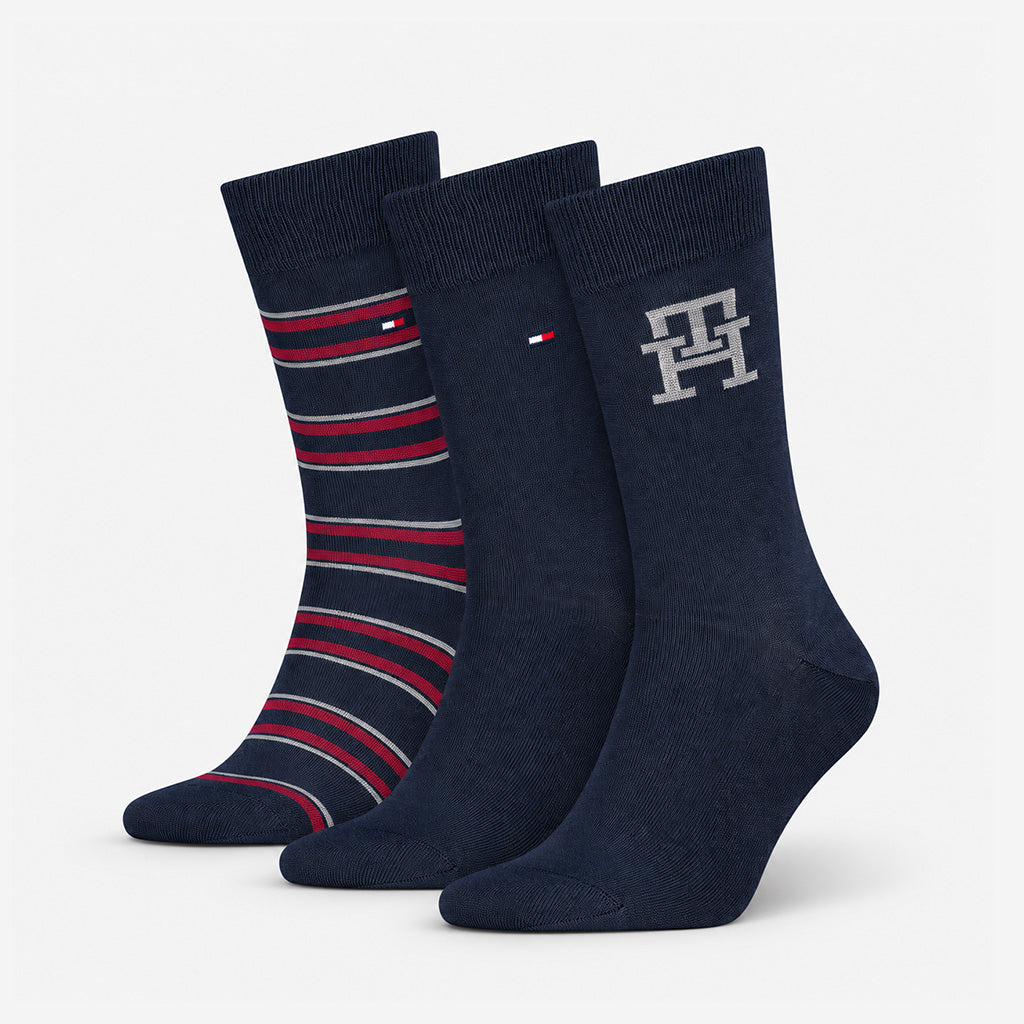 Tommy Hilfiger 3 Pack Giftbox Monogram Stripe Mens Crew Socks Navy