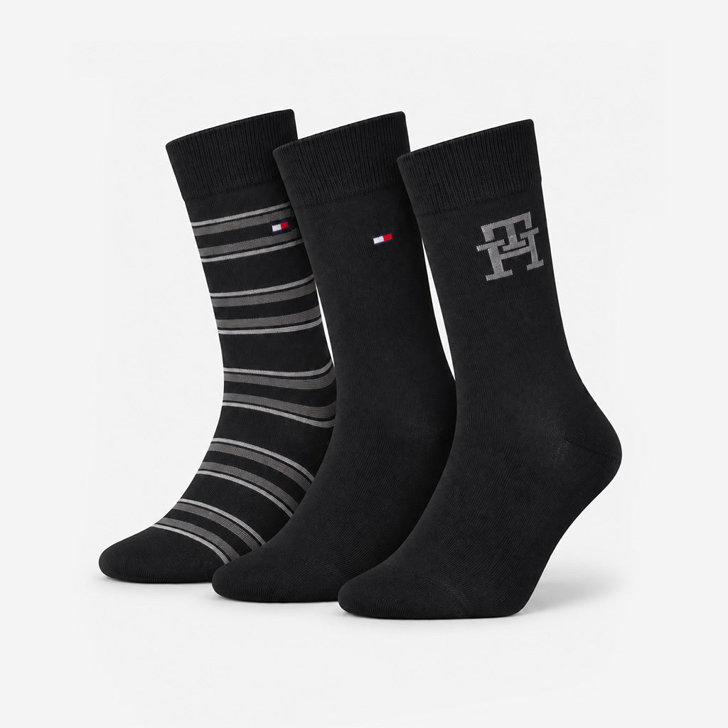 Tommy Hilfiger 3 Pack Giftbox Monogram Stripe Mens Crew Socks Black