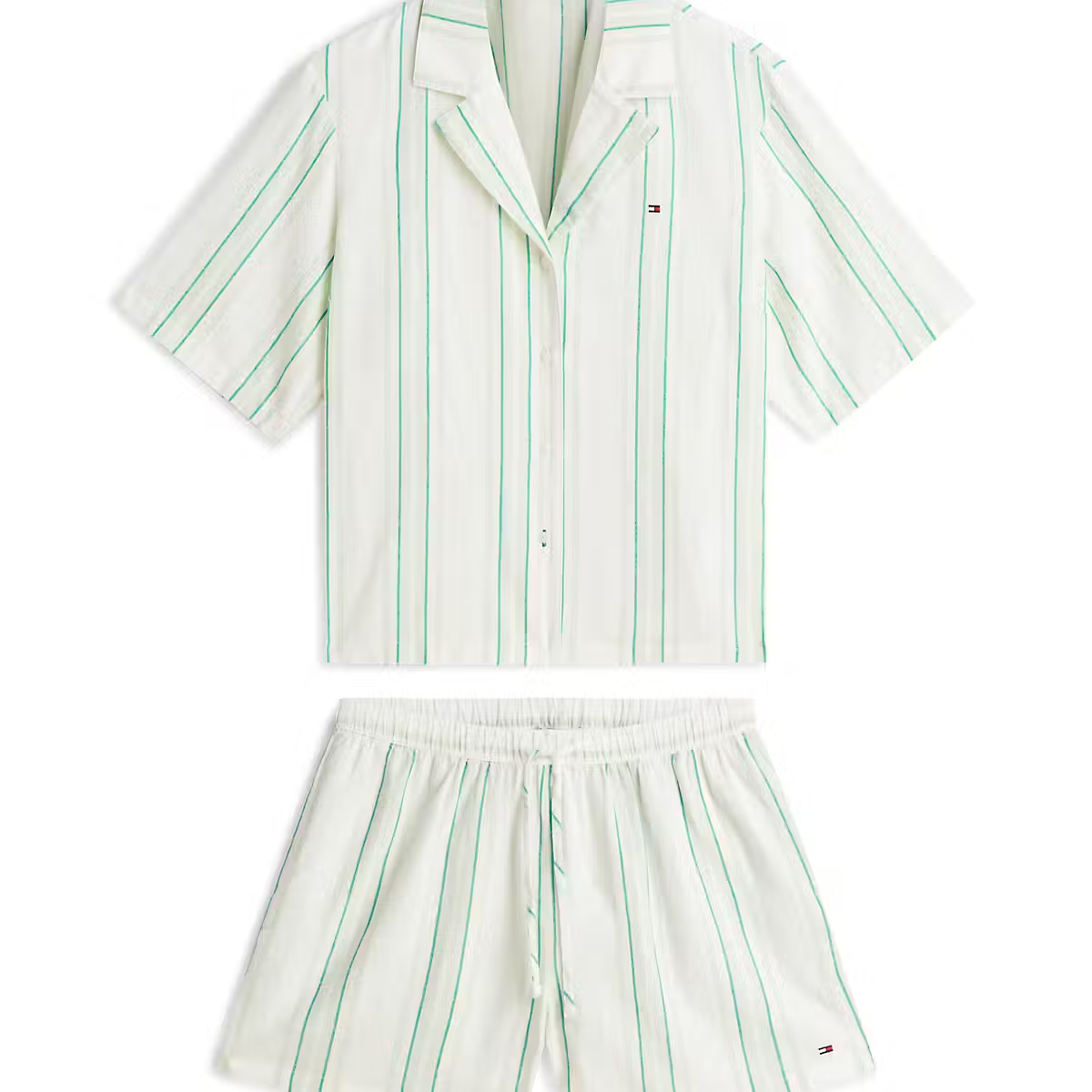 Tommy Hilfiger SS SHIRT LINEN PJ Short Set Womens Pyjama Set Tennis Court Stripe Green