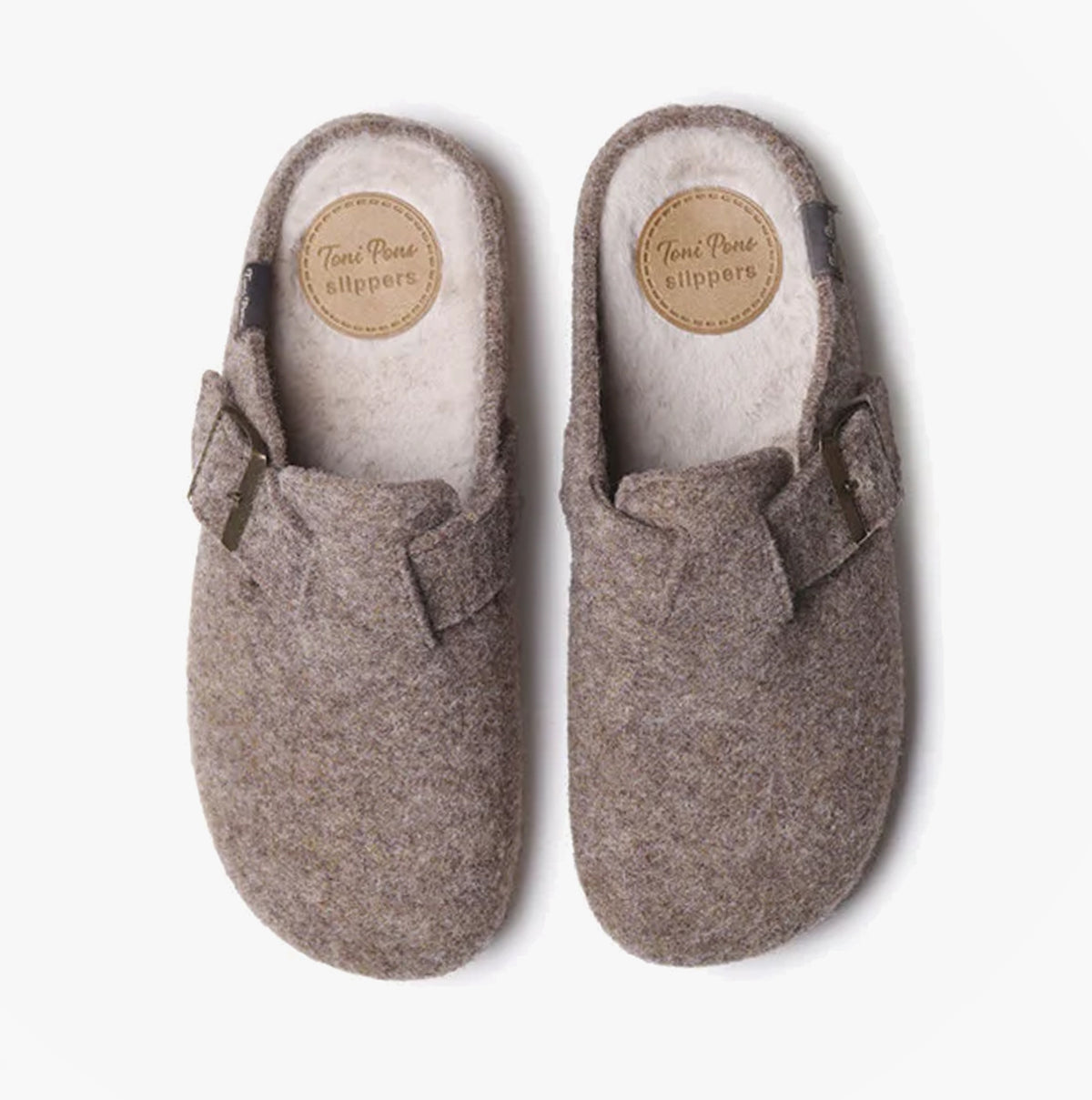 Top view of Toni Pons MIMA-FP Womens Mule Slippers Taupe, showing soft felt upper and faux fur lining.