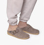 Toni Pons MIMA-FP Womens Mule Slippers Taupe side view on feet, featuring felt upper and faux fur lining.