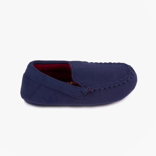 Totes Isotoner MOLESKIN CHECK LINED Boys Moccasin Slippers Navy
