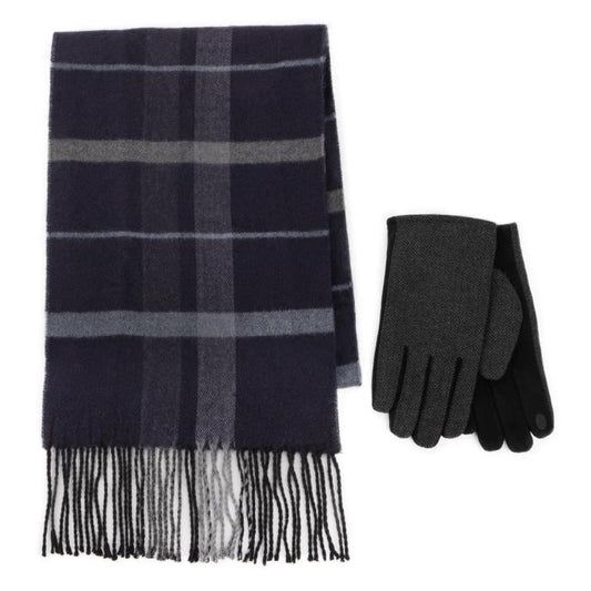 Totes Toasties WOOL BLEND Check Scarf and Thermal Lined Glove Set Mens Navy/Multi