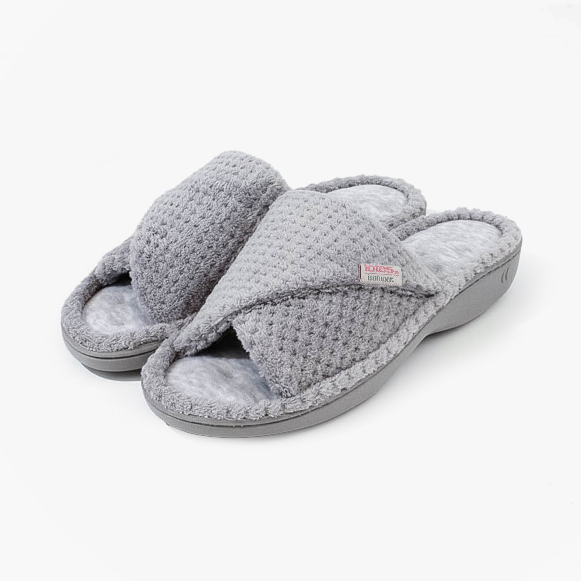 Totes Isotoner POPCORN TURNOVER OPEN TOE Womens Mule Slippers Pale Grey