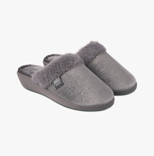 Totes Isotoner SPARKLE VELOUR HEELED MULE Womens Grey Sparkle