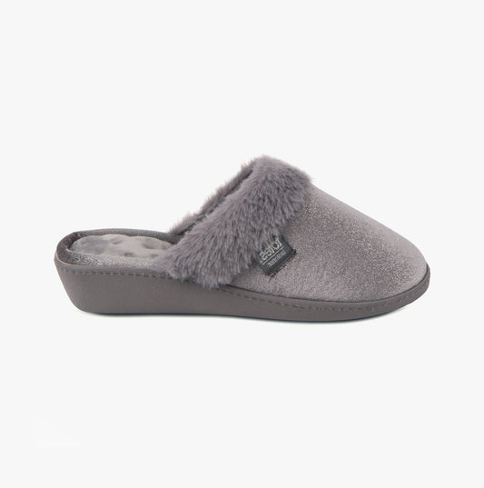 Totes Isotoner SPARKLE VELOUR HEELED MULE Womens Grey Sparkle