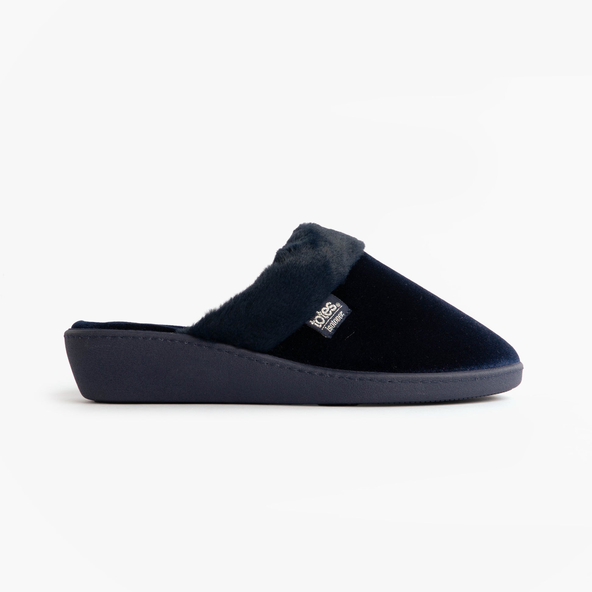Totes Isotoner SPARKLE VELOUR HEELED MULE Womens Mule Slippers Navy