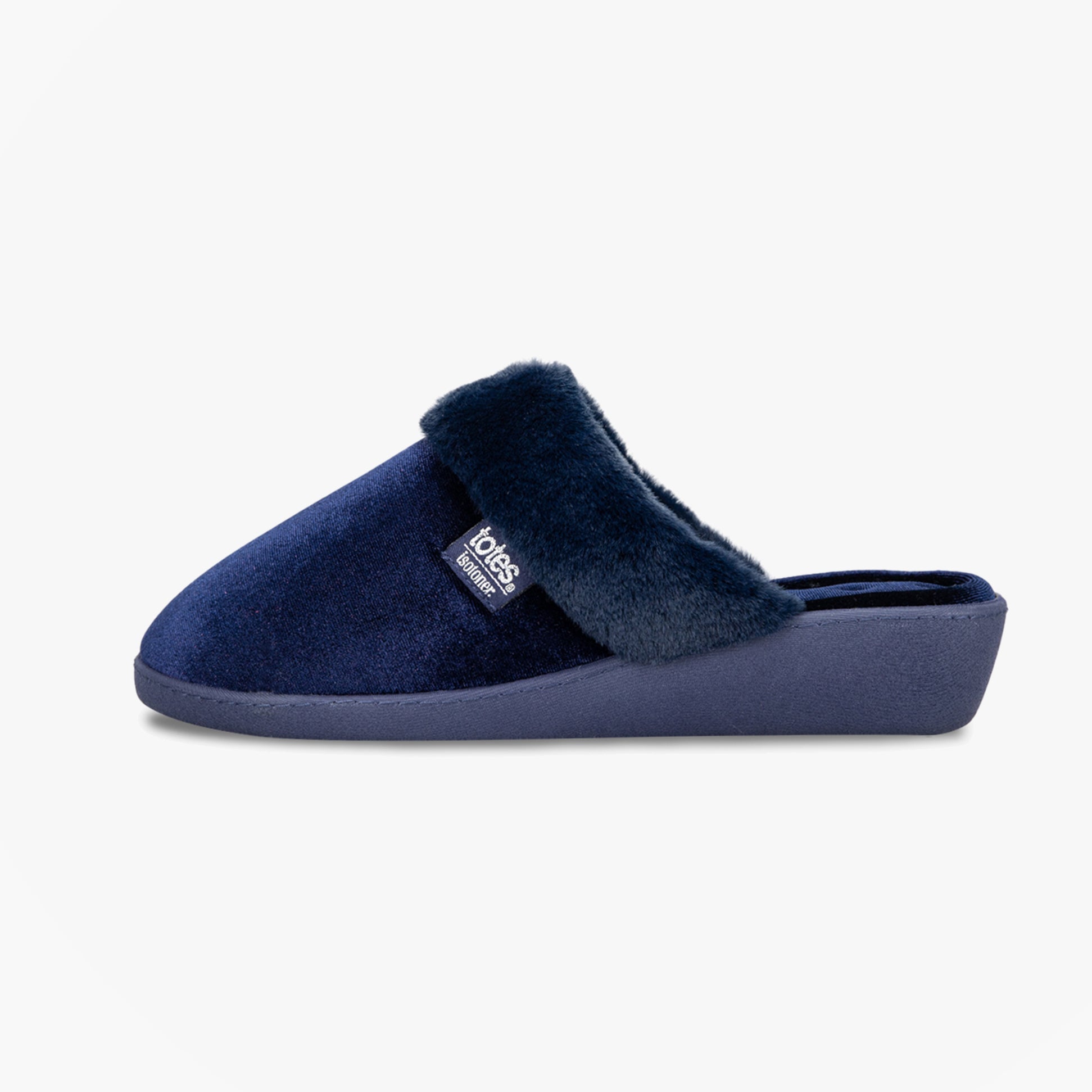 Totes Isotoner SPARKLE VELOUR HEELED MULE Womens Mule Slippers Navy