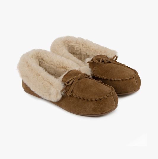 Totes Isotoner GENUINE SUEDE MOCCASIN WITH FAUX FUR LINING Womens Tan