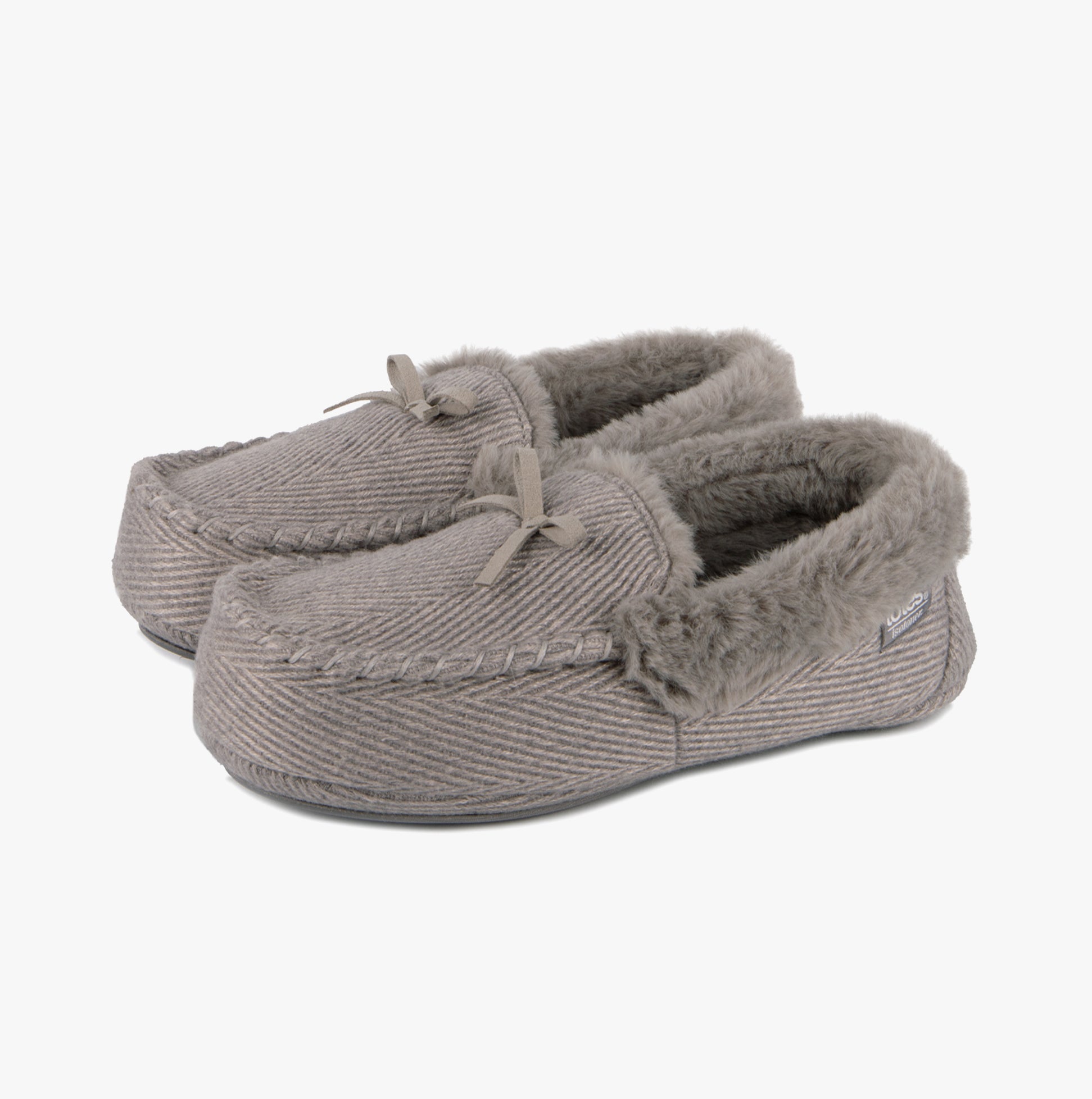 Totes Isotoner HERRINGBONE MOCCASIN WITH FUR CUFF Womens Slippers Grey