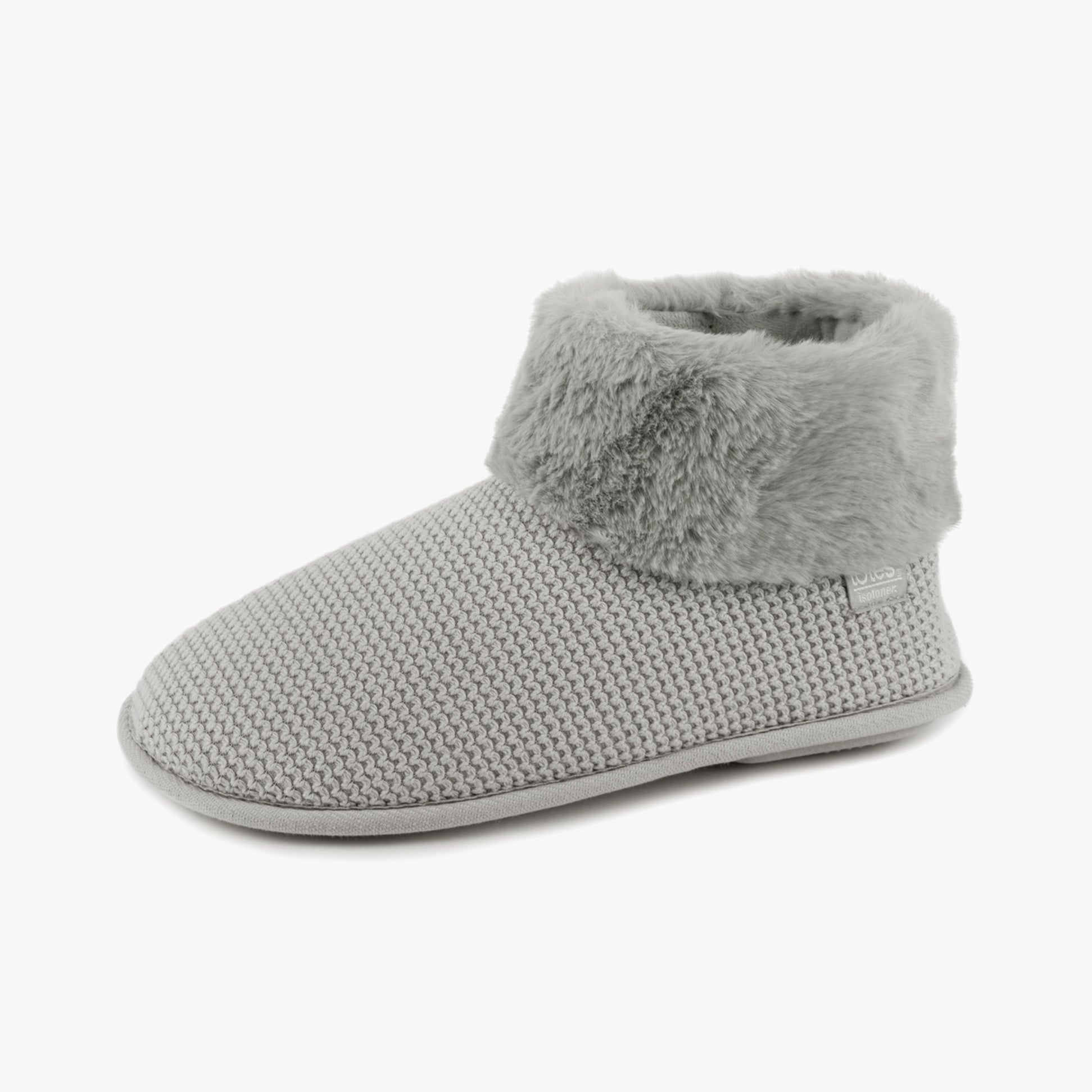 Totes Isotoner KNIT BOOT WITH FUR CUFF Womens Bootie Slippers Grey