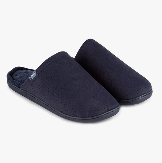Totes Isotoner PERFORATED SUEDETTES Mens Mule Slippers Navy