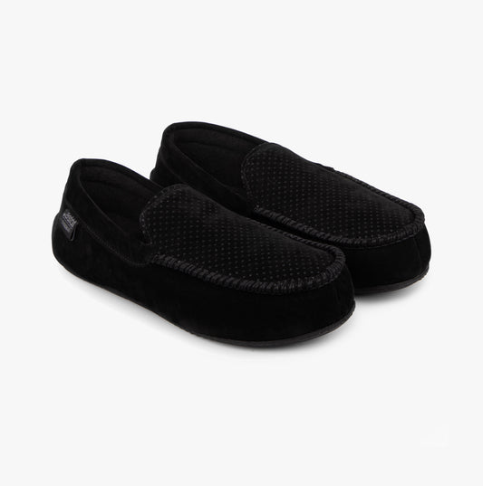 Totes Isotoner PERFORATED SUEDETTE Moccasin Slippers Mens Black
