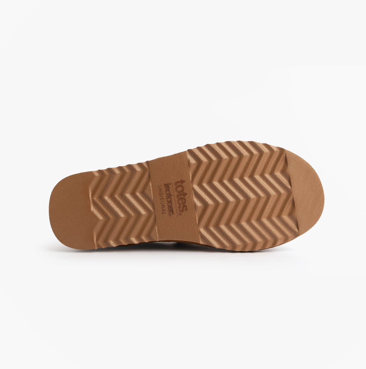 Totes Isotoner REAL SUEDE FULL BACK Mens Full Back Slippers Tan bottom view showcasing rubber sole texture.