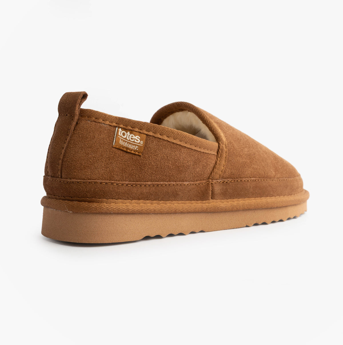 Totes Isotoner REAL SUEDE FULL BACK Mens Full Back Slippers Tan side view showing suede upper and slip-on style.