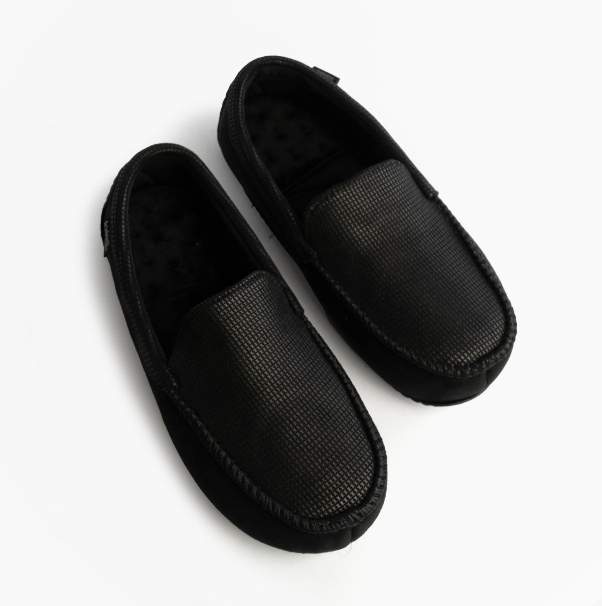 Totes Isotoner SQUARE PATTERNED SMART MOCCASIN Mens Moccasin Slippers Black top view display.