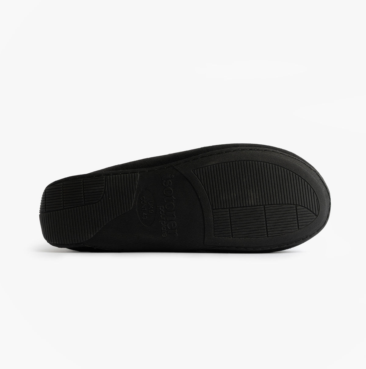 Totes Isotoner SQUARE PATTERNED SMART MOCCASIN Mens Moccasin Slippers Black bottom view of sole.