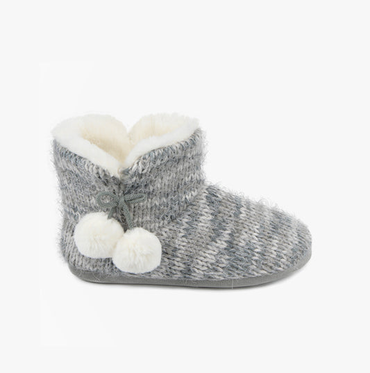 Totes Toasties KNITTED BOOT Slippers WITH POM POM Womens Grey