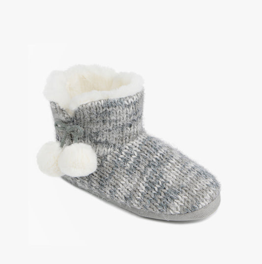 Totes Toasties KNITTED BOOT Slippers WITH POM POM Womens Grey