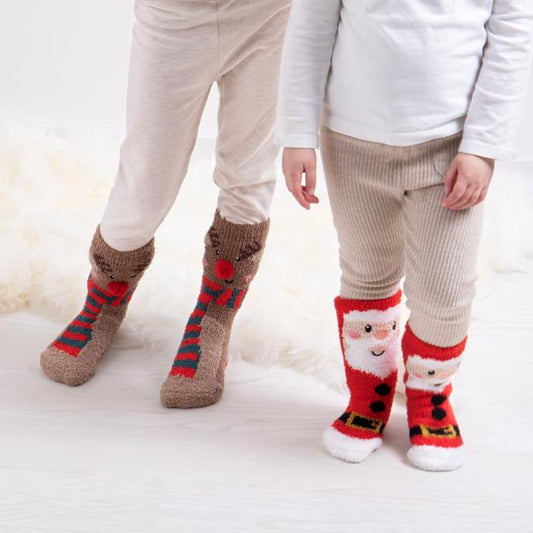 Totes Toasties SUPER SOFT Slipper Socks  (Twin Pack) Unisex Kids Socks Reindeer / Santa