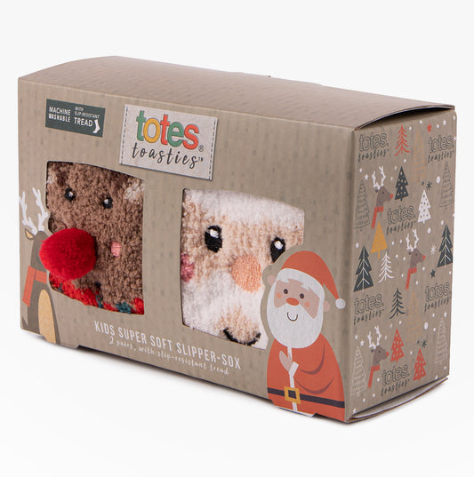 Totes Toasties SUPER SOFT Slipper Socks  (Twin Pack) Unisex Kids Socks Reindeer / Santa