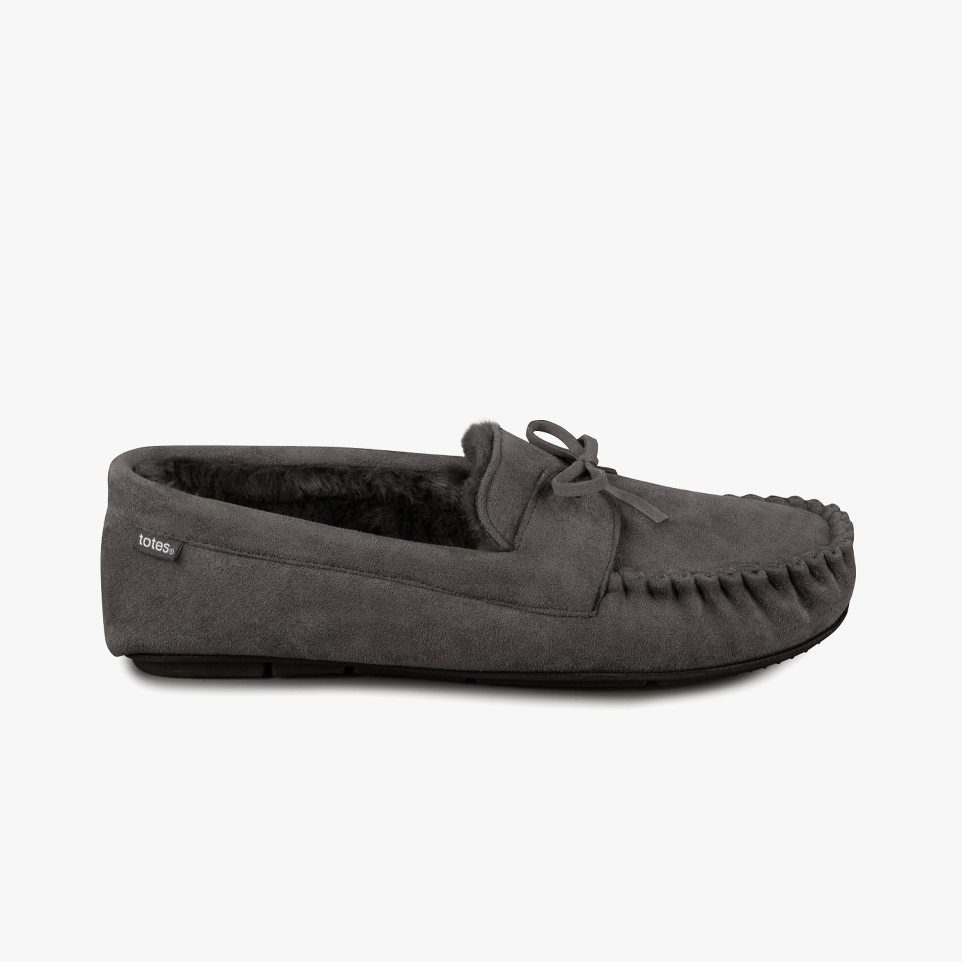 Totes Toasties SUEDETTE MOCCASIN Slippers WITH FAUX FUR LINING Mens Grey
