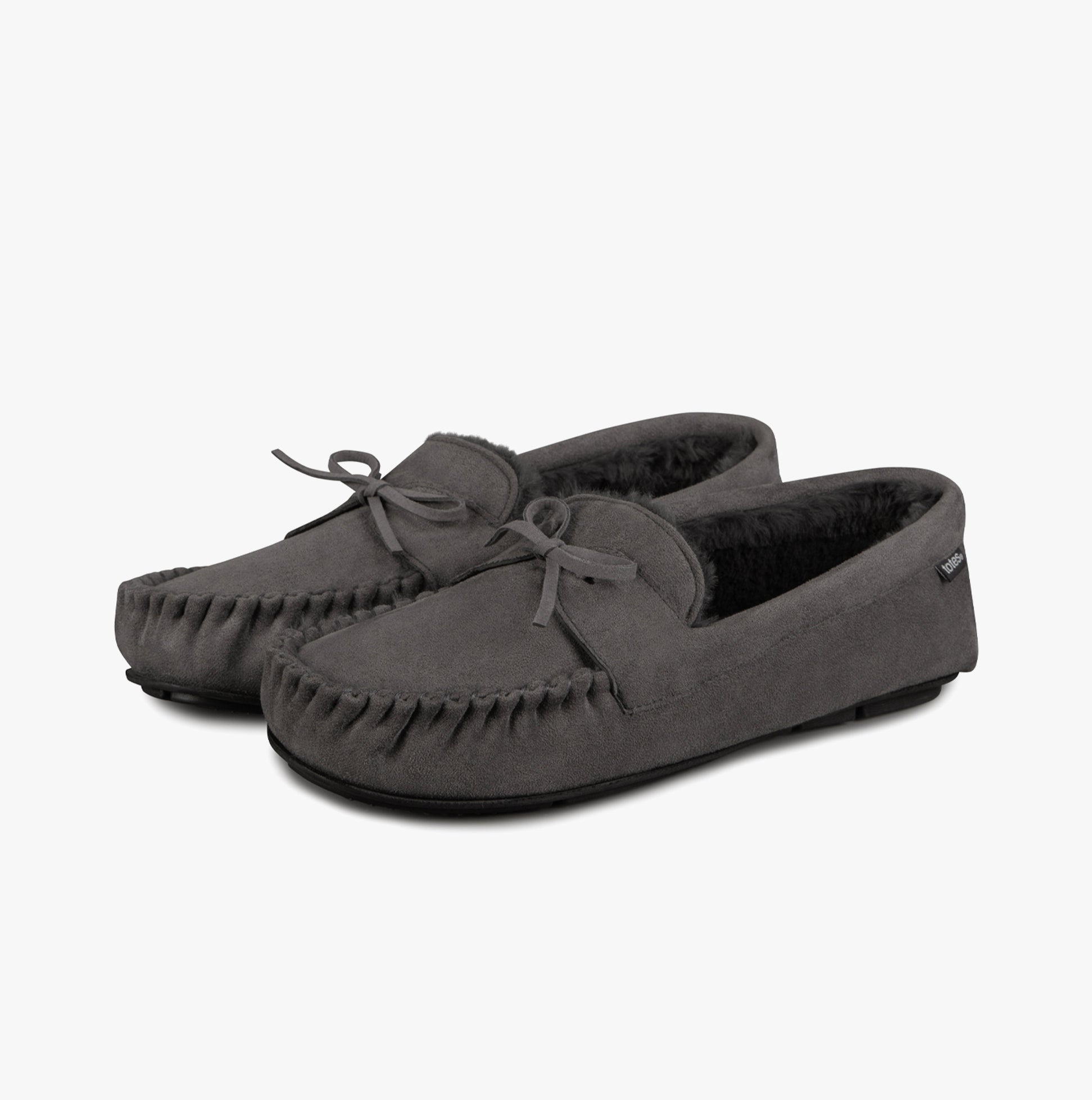 Totes Toasties SUEDETTE MOCCASIN Slippers WITH FAUX FUR LINING Mens Grey