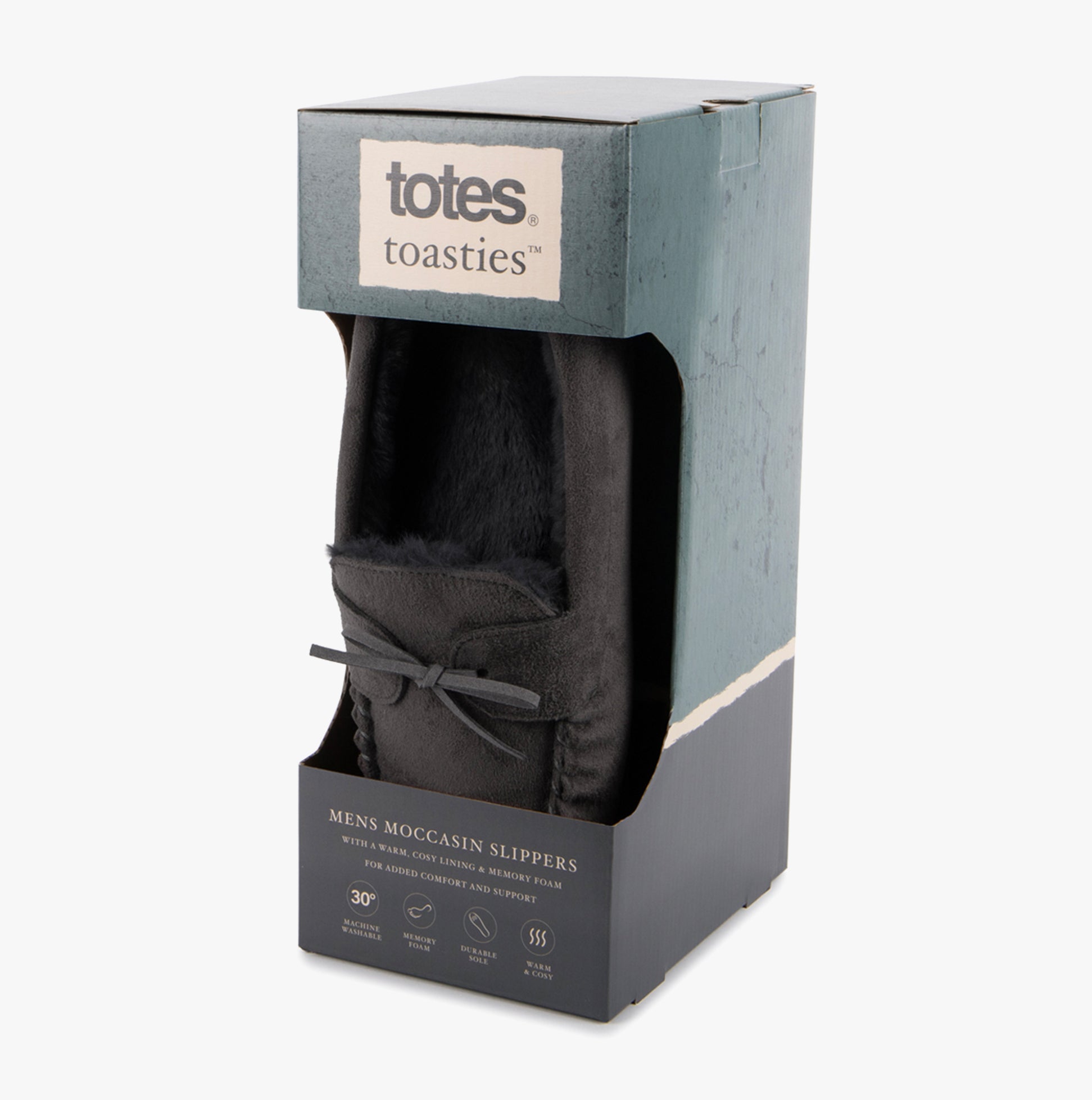 Totes Toasties SUEDETTE MOCCASIN Slippers WITH FAUX FUR LINING Mens Grey