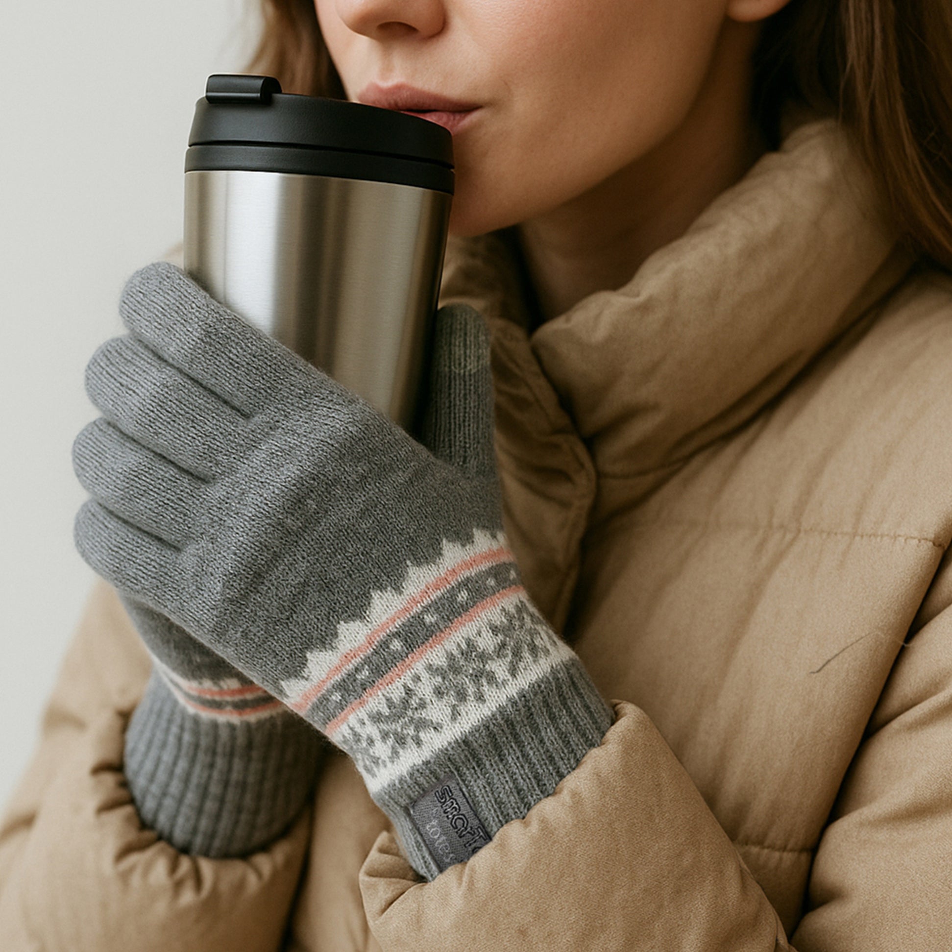 Totes Toasties STRETCH KNITTED Womens Touchscreen Gloves Grey Fair Isle