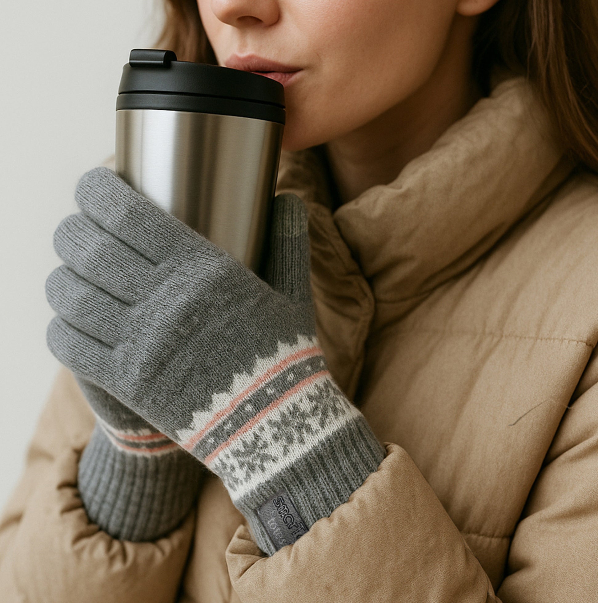 Totes Toasties STRETCH KNITTED Womens Touchscreen Gloves Grey Fair Isle