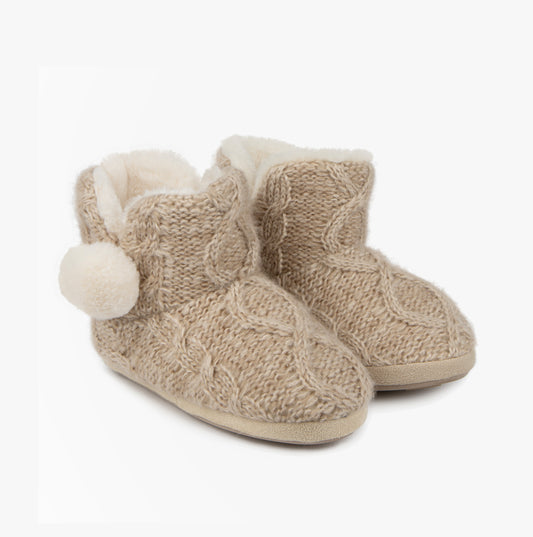 Totes Toasties CABLE BOOT Slippers WITH POM POM Womens Oat
